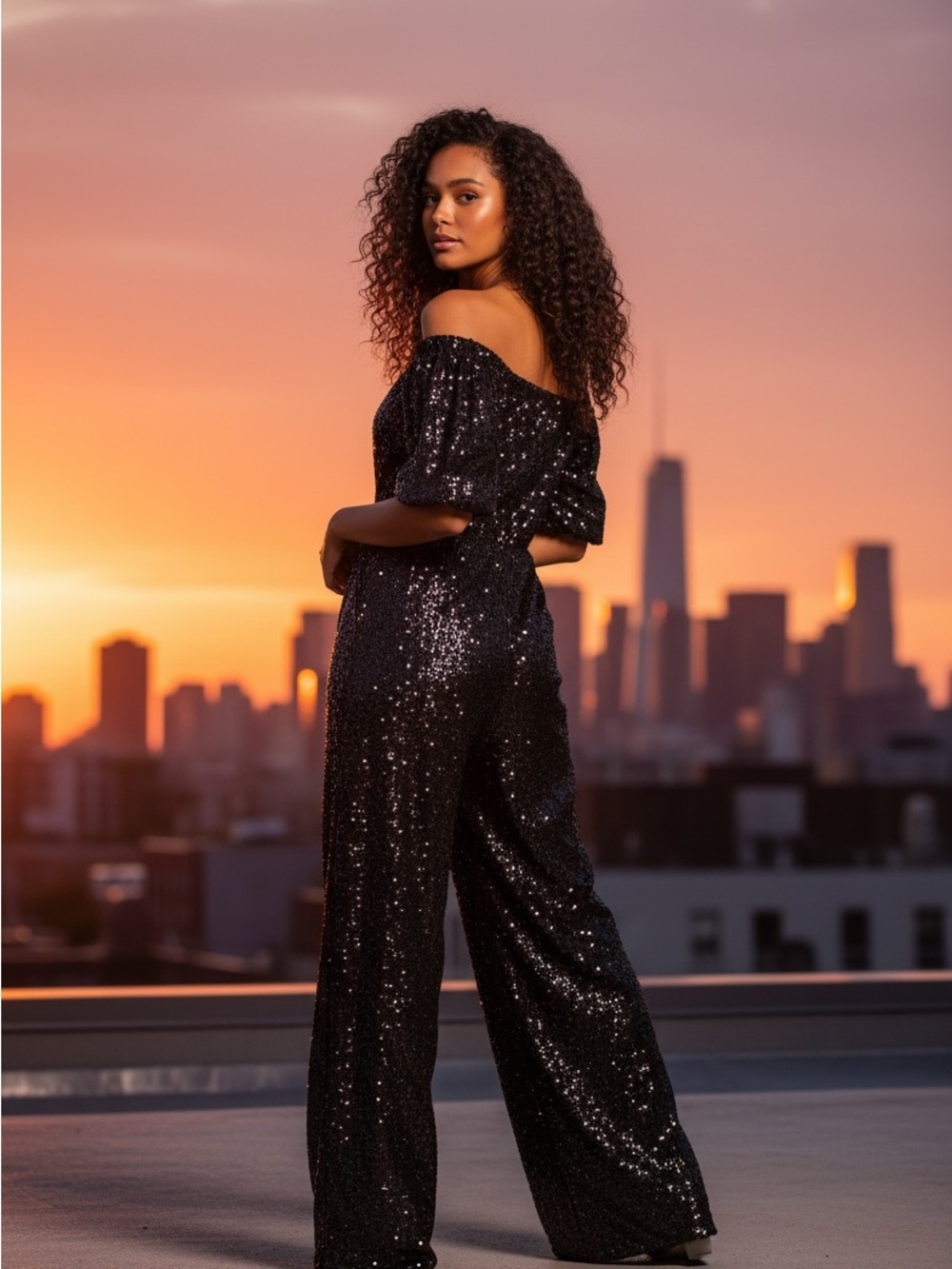 VENUS Black Sequin Off-Shoulder Wide-Leg Jumpsuit